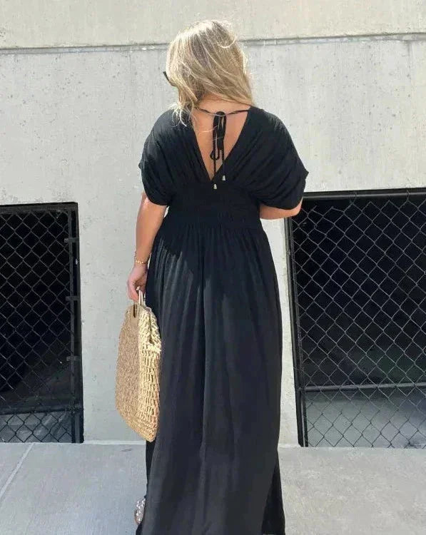 Robe Longue Fluide Femme Col en V | Manches Courtes + Taille Élastique + 2 Coloris | ROBEMODE