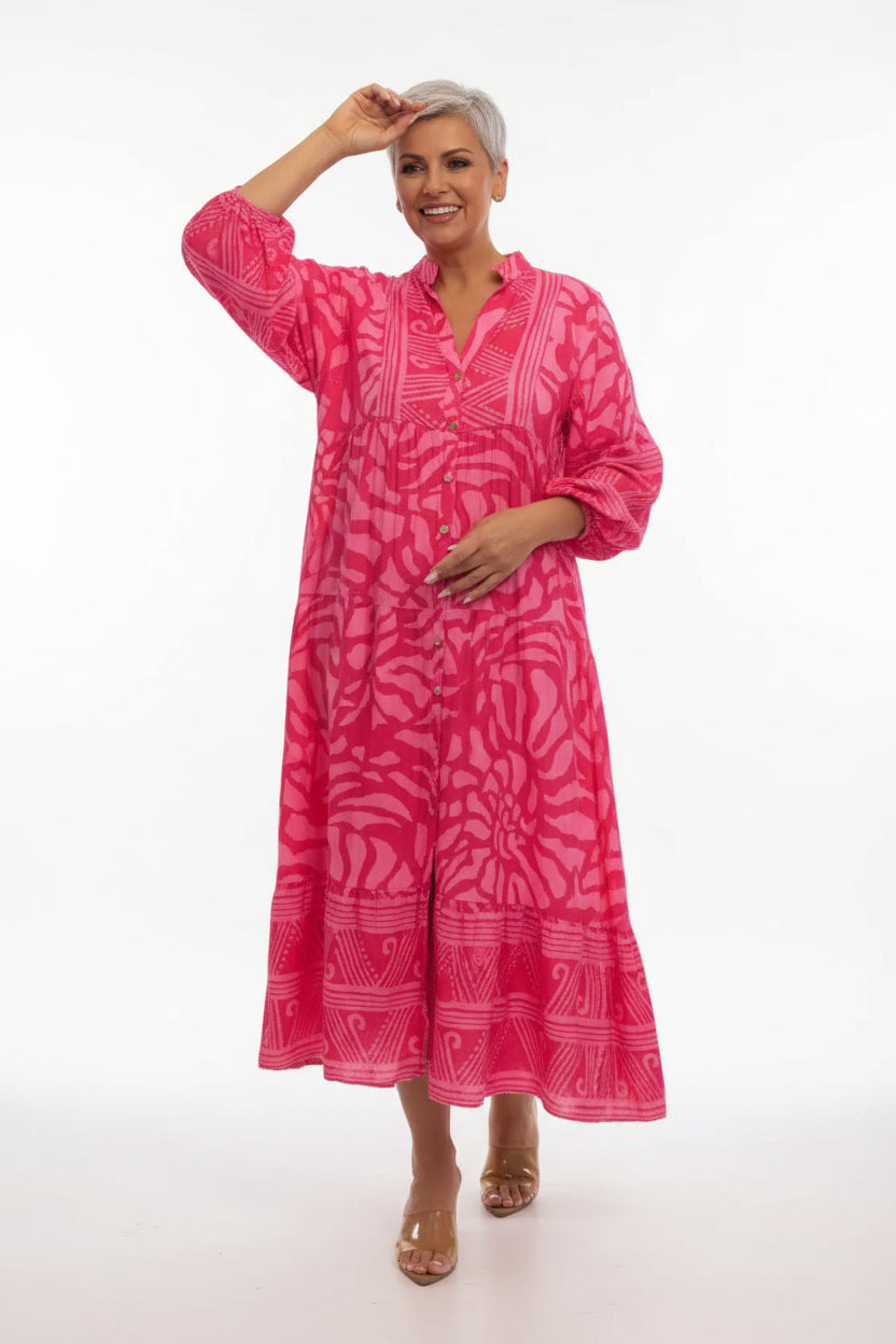 Robe longue fluide femme imprimée avec manches longues col en V | ROBEMODE