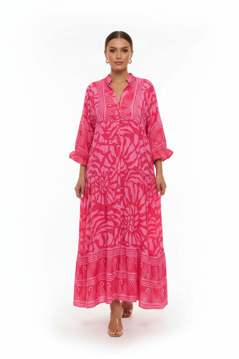 Robe longue fluide femme imprimée avec manches longues col en V | ROBEMODE