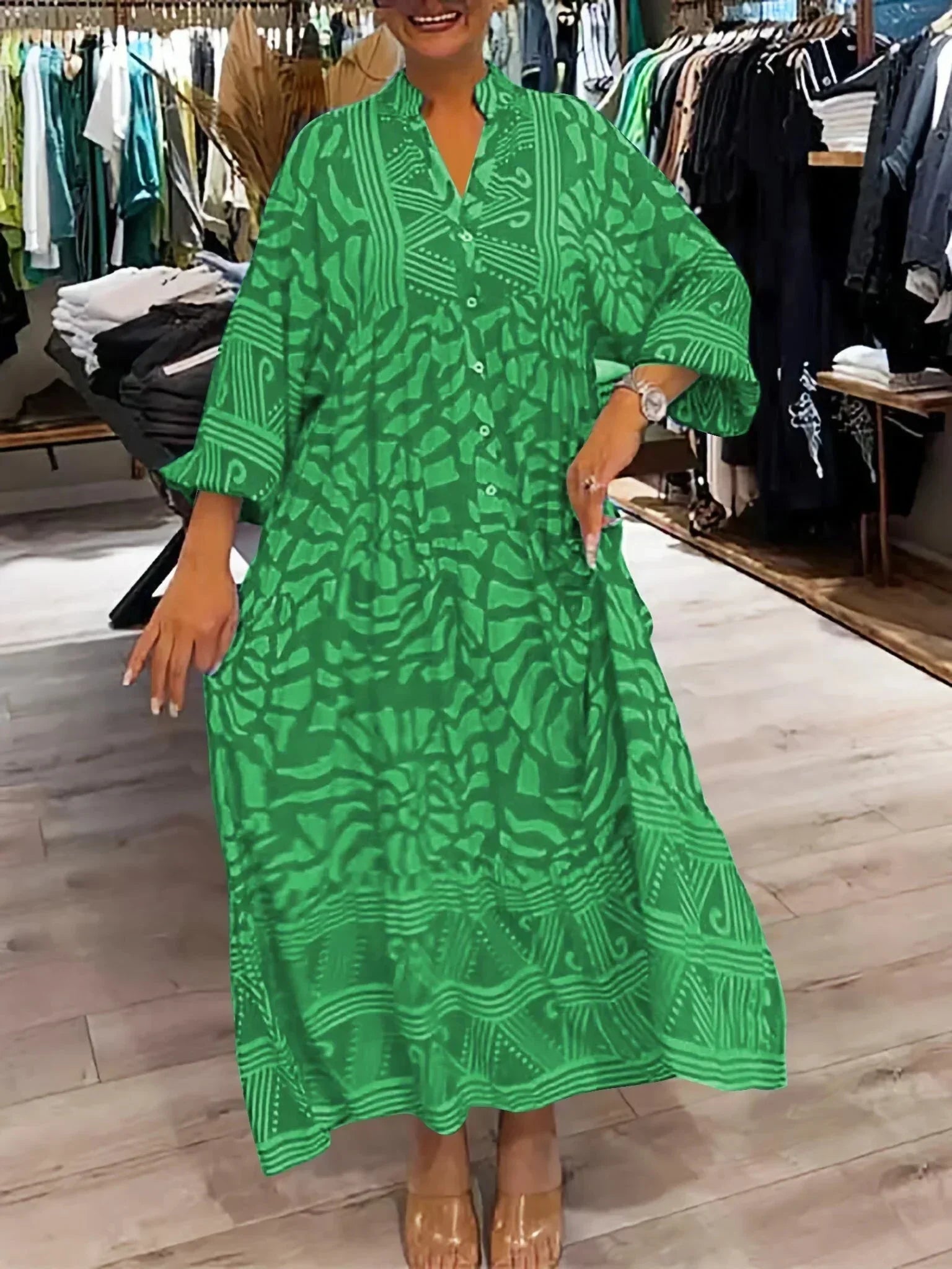Robe longue fluide femme imprimée avec manches longues col en V | ROBEMODE