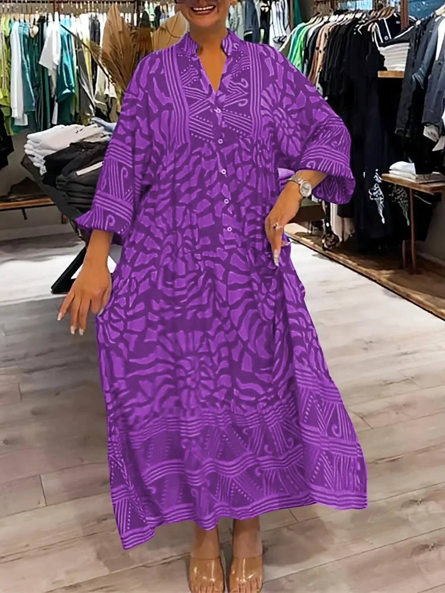 Robe longue fluide femme imprimée avec manches longues col en V | ROBEMODE