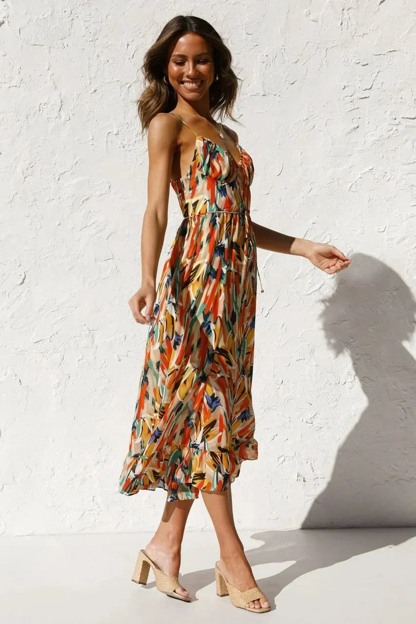 Robe longue femme imprimé abstrait bretelles fines | Coupe féminine + Style élégant + Facile à accessoiriser – ROBEMODE