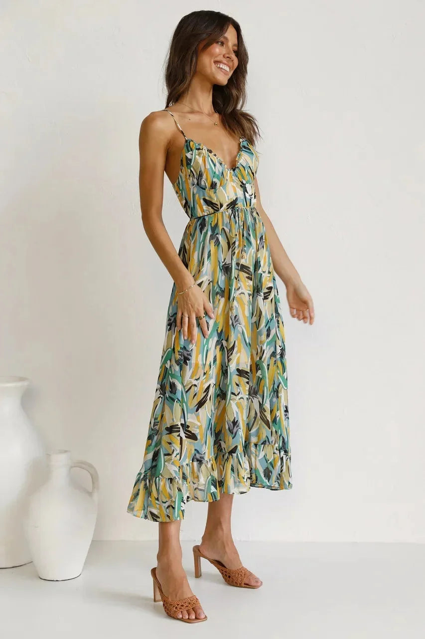 Robe longue femme imprimé abstrait bretelles fines | Coupe féminine + Style élégant + Facile à accessoiriser – ROBEMODE
