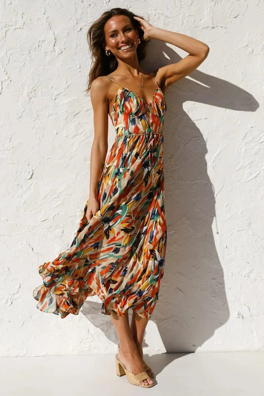 Robe longue femme imprimé abstrait bretelles fines | Coupe féminine + Style élégant + Facile à accessoiriser – ROBEMODE
