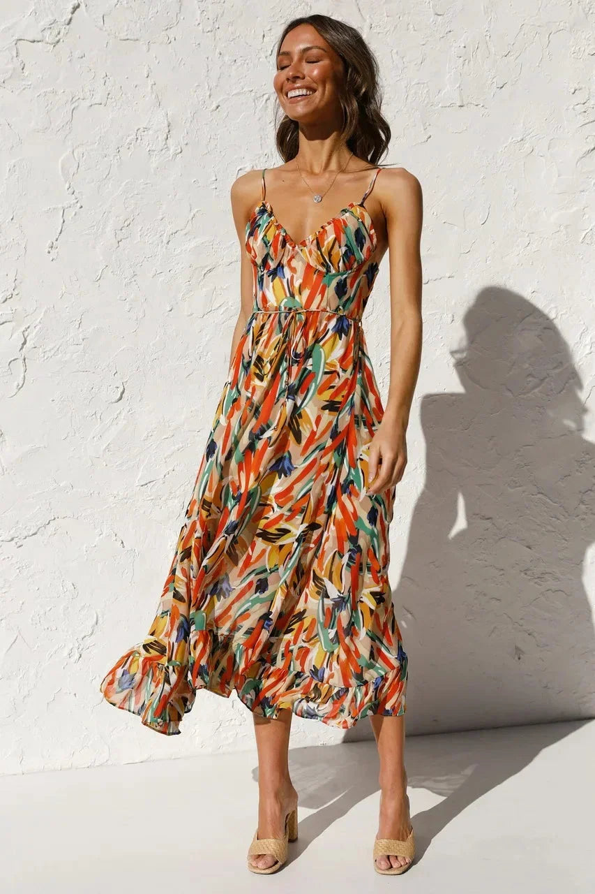 Robe longue femme imprimé abstrait bretelles fines | Coupe féminine + Style élégant + Facile à accessoiriser – ROBEMODE