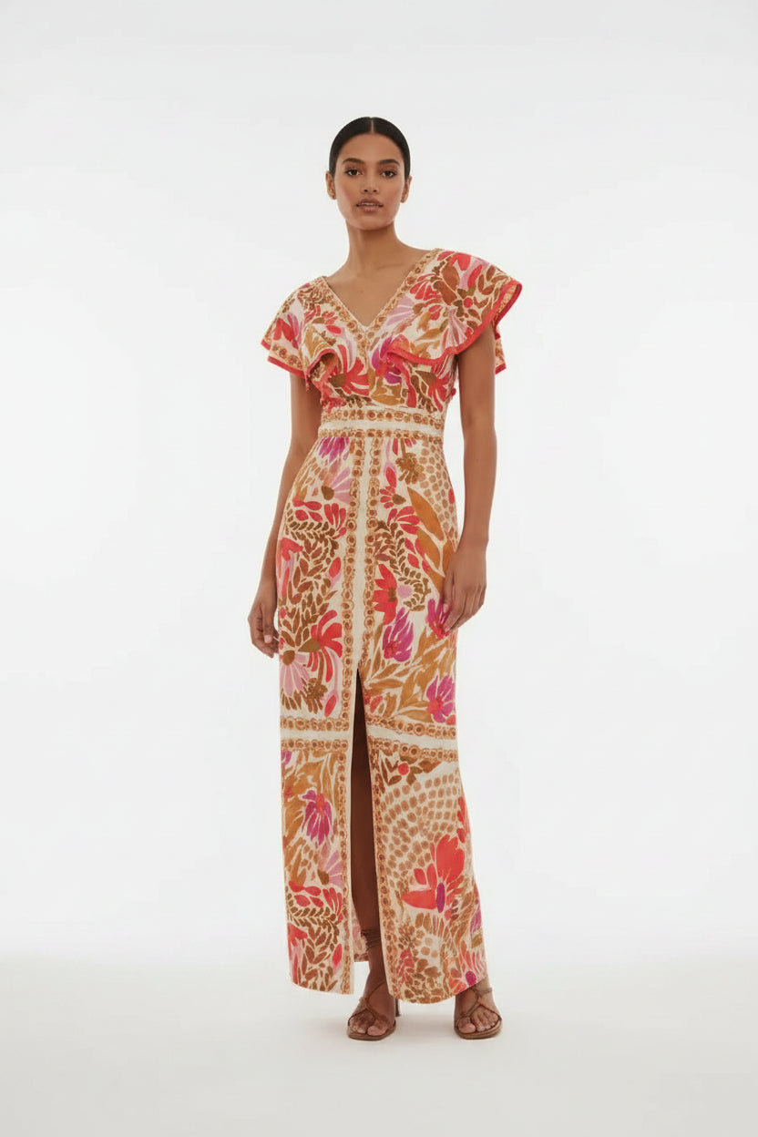 Robe longue à fleurs col V fente femme | ROBEMODE