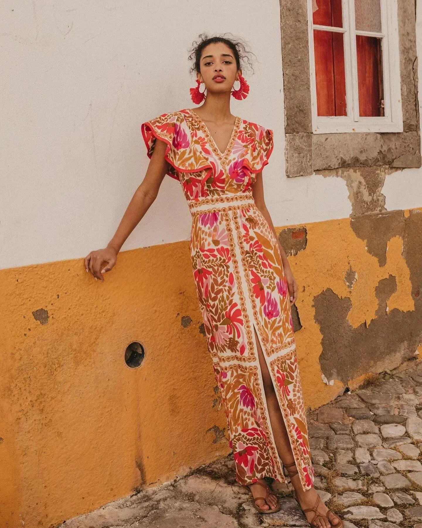 Robe longue à fleurs col V fente femme | ROBEMODE