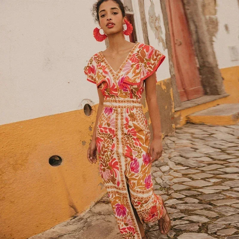 Robe longue à fleurs col V fente femme | ROBEMODE