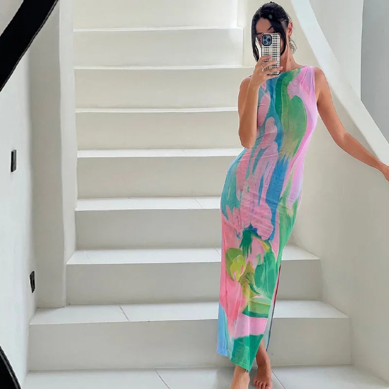 Robe longue femme imprimé tropical multicolore ajustée | Coupe féminine + Style élégant + Facile à accessoiriser – ROBEMODE