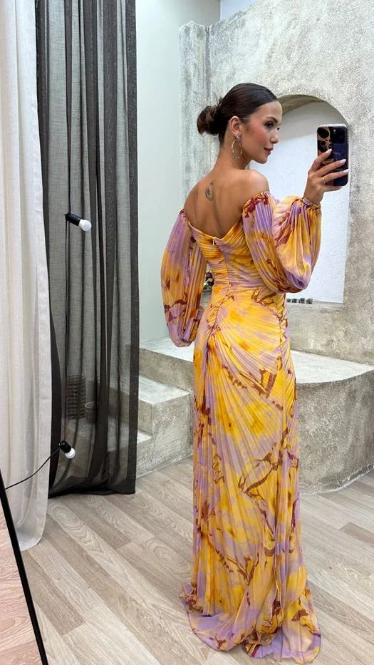Robe longue femme multicolore plissée col en V | ROBEMODE