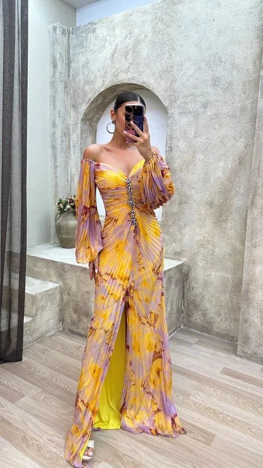 Robe longue femme multicolore plissée col en V | ROBEMODE