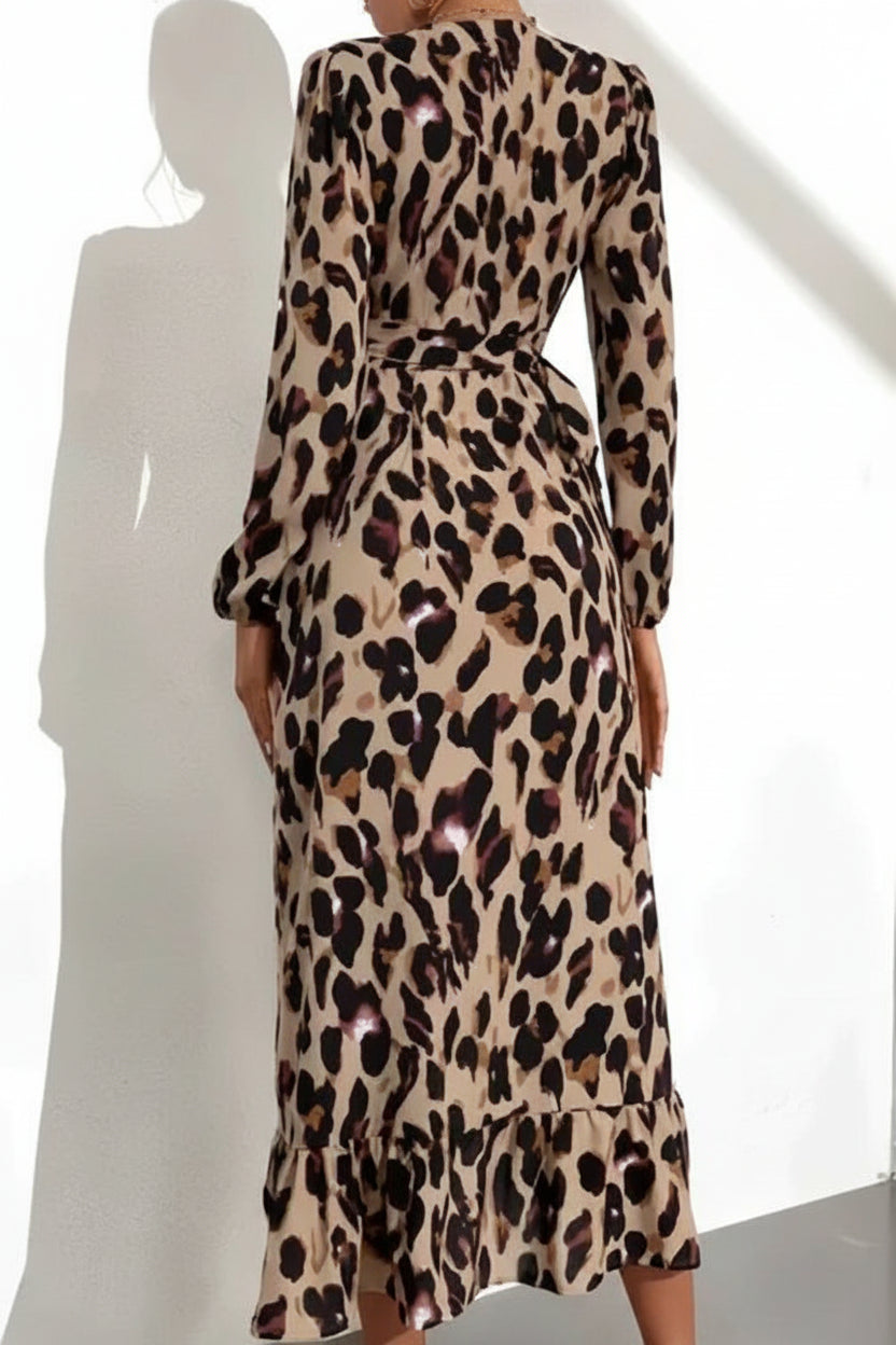 Robe Longue Femme Léopard Portefeuille Col V Manches Longues 1 Coloris | ROBEMODE