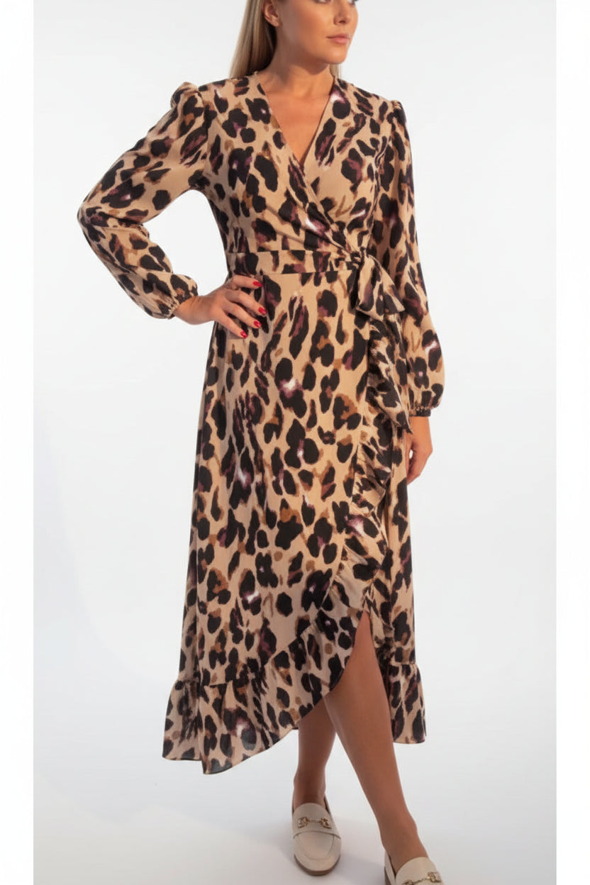 Robe Longue Femme Léopard Portefeuille Col V Manches Longues 1 Coloris | ROBEMODE