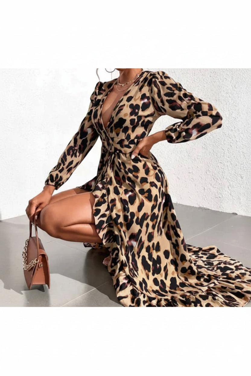 Robe Longue Femme Léopard Portefeuille Col V Manches Longues 1 Coloris | ROBEMODE