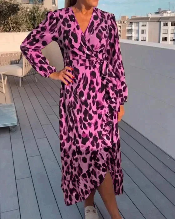 Robe Longue Femme Léopard Portefeuille Col V Manches Longues 1 Coloris | ROBEMODE