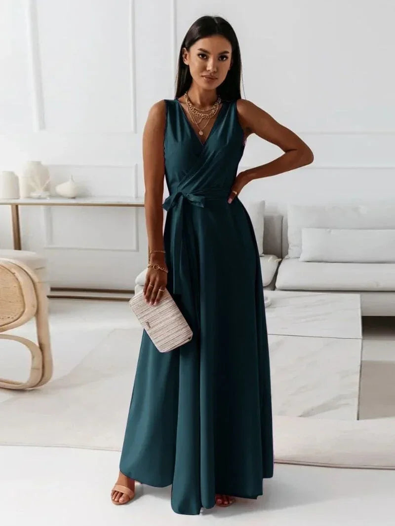 Robe longue femme plissée avec ceinture et col V | ROBEMODE