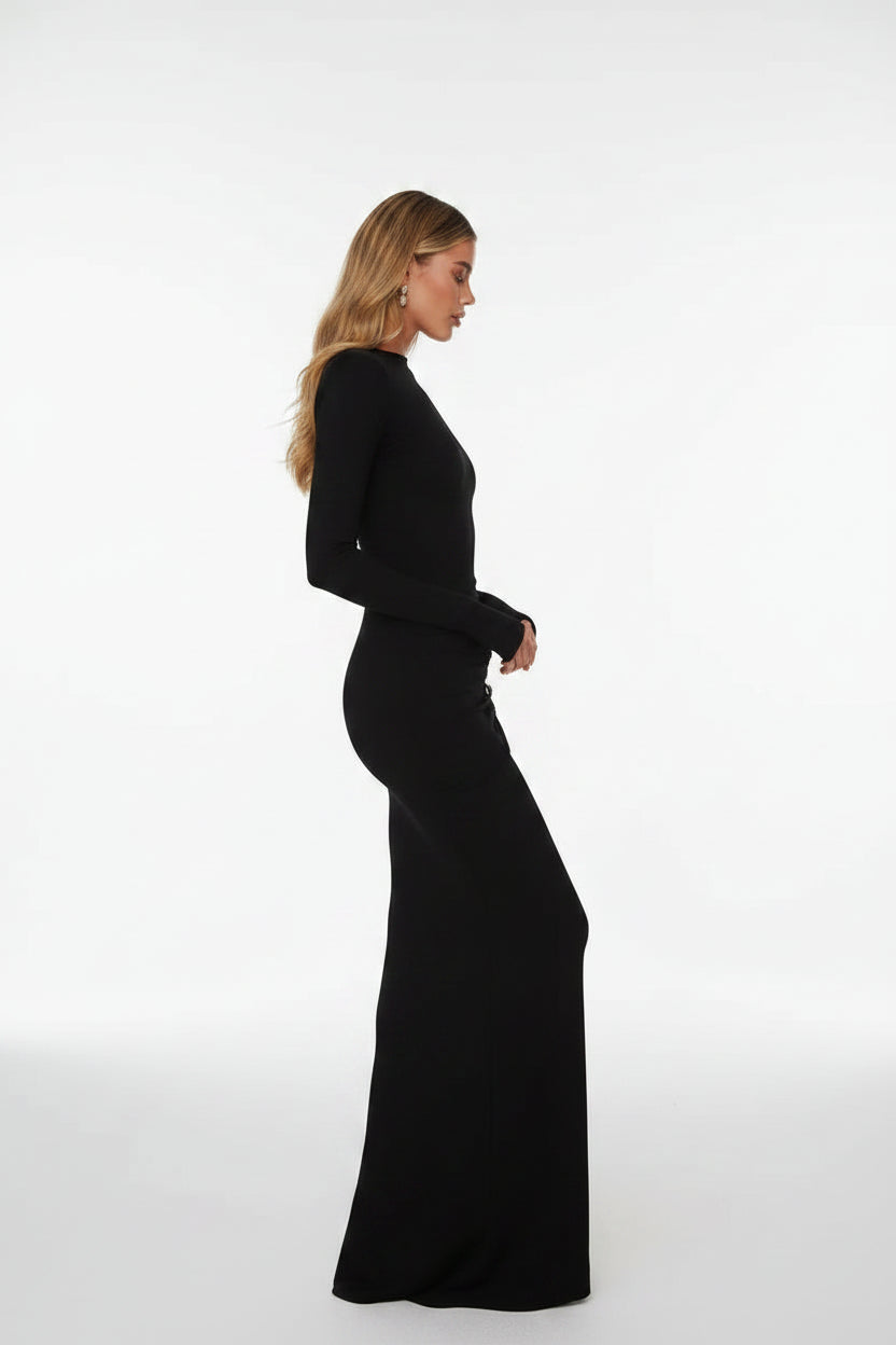 Robe longue noire manches longues détails métalliques | Coupe féminine + Style élégant + Facile à accessoiriser – ROBEMODE