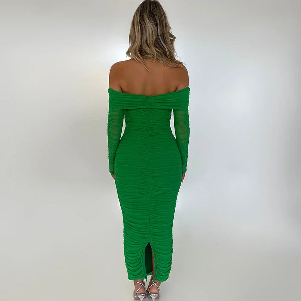 Robe longue soirée épaules dénudées froncée transparente | ROBEMODE