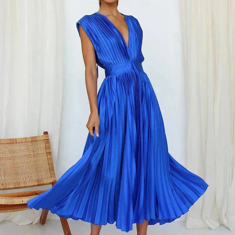 Robe Longue Plissée Femme Col V | 5 Coloris + Décolleté Élégant + Cérémonie Mariage | ROBEMODE