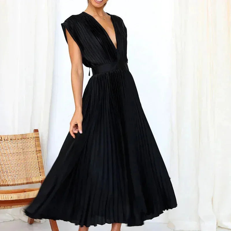 Robe Longue Plissée Femme Col V | 5 Coloris + Décolleté Élégant + Cérémonie Mariage | ROBEMODE