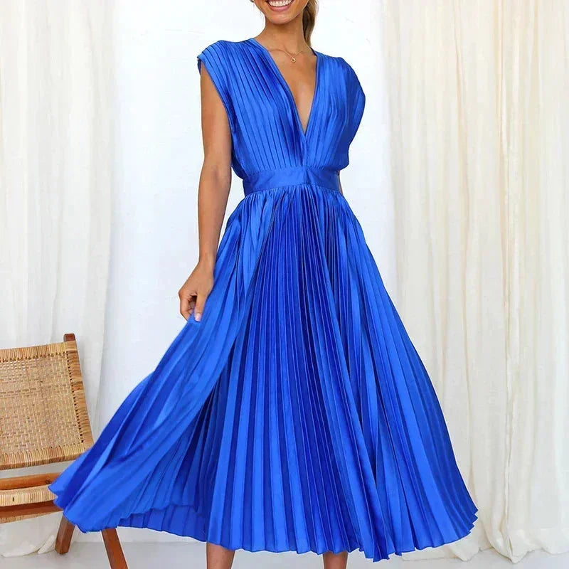 Robe Longue Plissée Femme Col V | 5 Coloris + Décolleté Élégant + Cérémonie Mariage | ROBEMODE