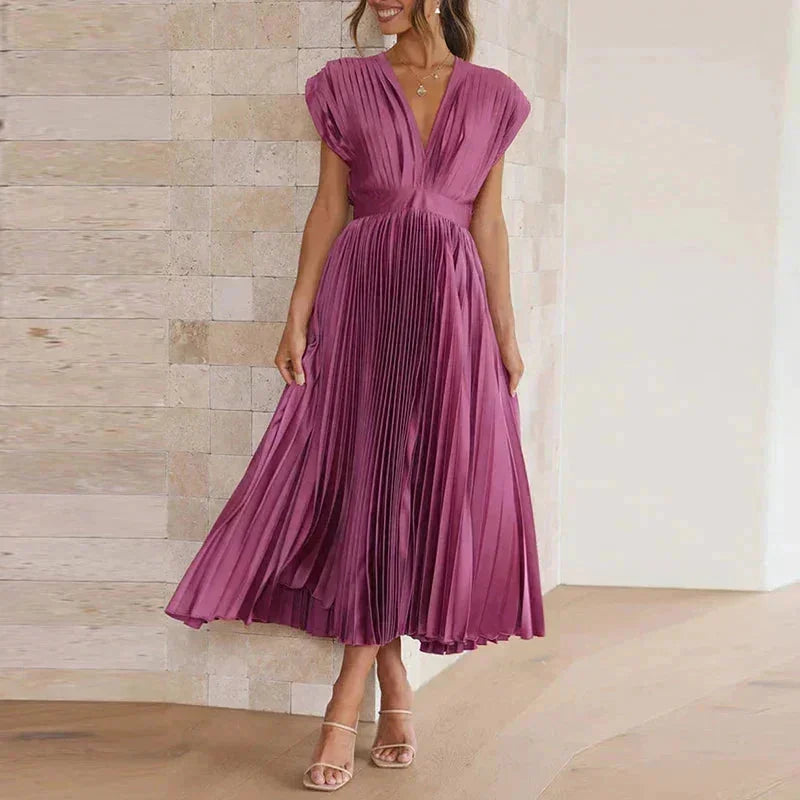 Robe Longue Plissée Femme Col V | 5 Coloris + Décolleté Élégant + Cérémonie Mariage | ROBEMODE