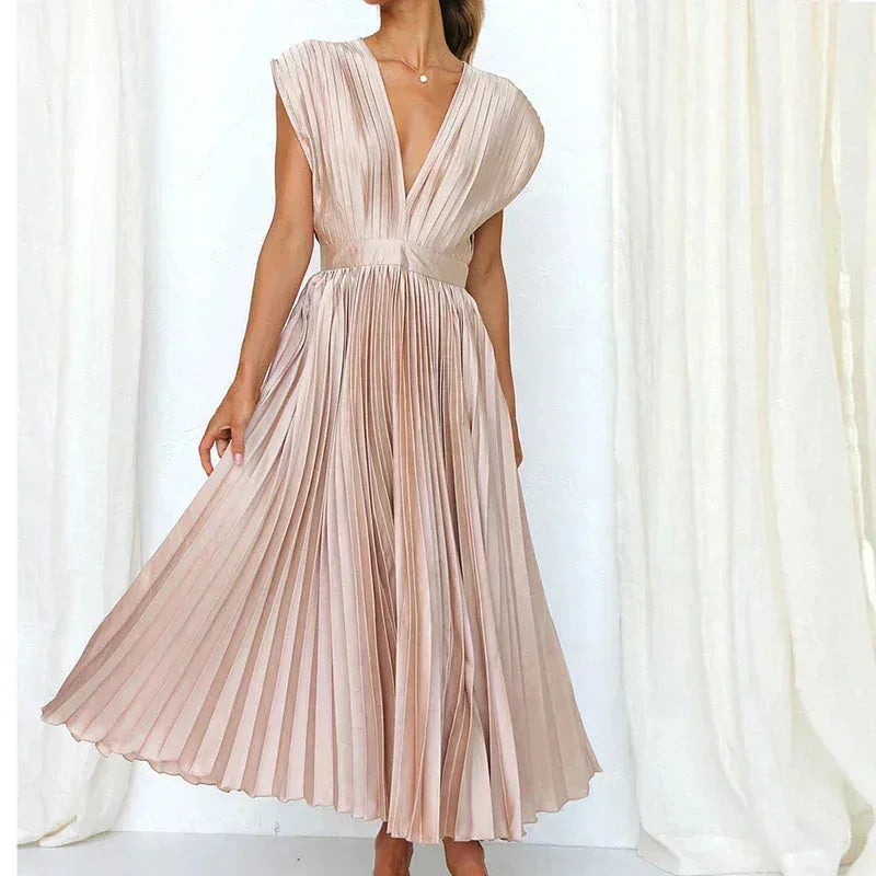 Robe Longue Plissée Femme Col V | 5 Coloris + Décolleté Élégant + Cérémonie Mariage | ROBEMODE