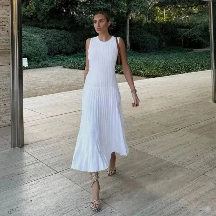 Robe longue femme plissée sans manches tissu fluide | ROBEMODE