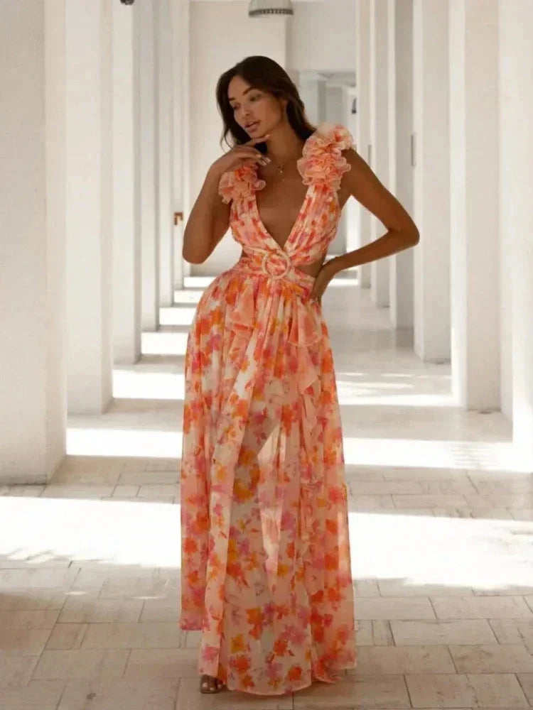Robe Longue Rose Florale Volants Col V Portefeuille Femme Été | ROBEMODE