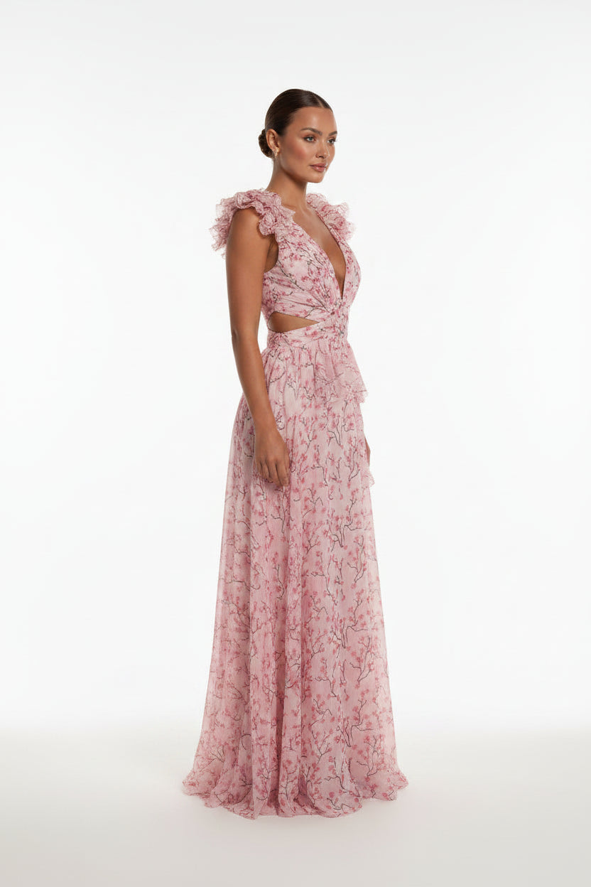 Robe Longue Rose Florale Volants Col V Portefeuille Femme Été | ROBEMODE