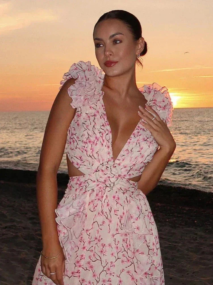 Robe Longue Rose Florale Volants Col V Portefeuille Femme Été | ROBEMODE