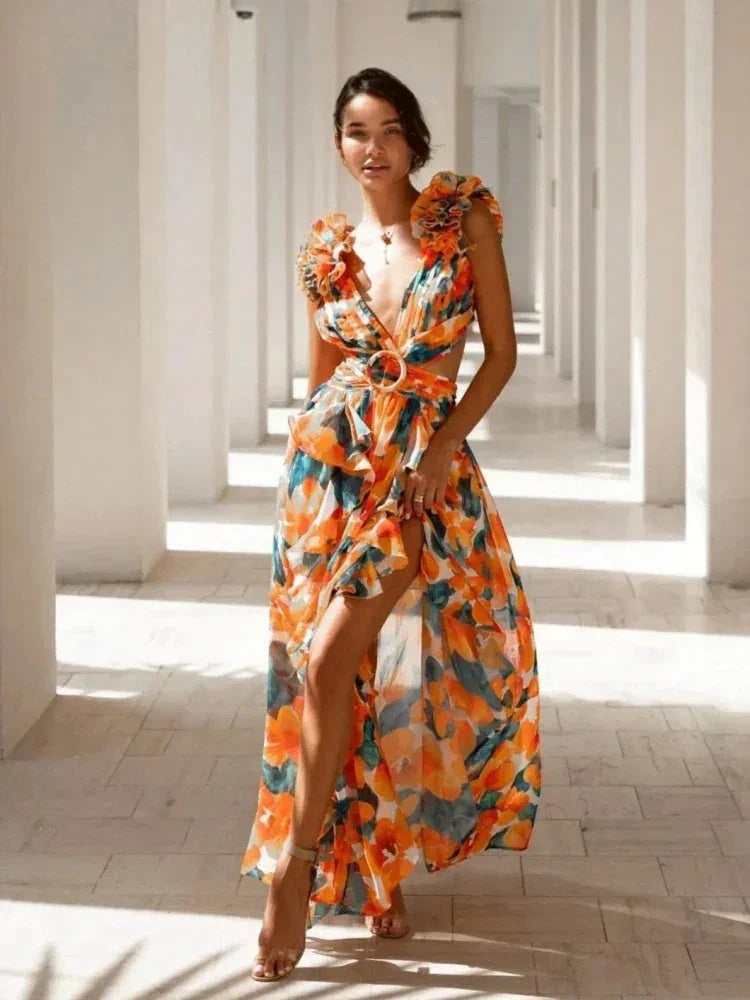 Robe Longue Rose Florale Volants Col V Portefeuille Femme Été | ROBEMODE