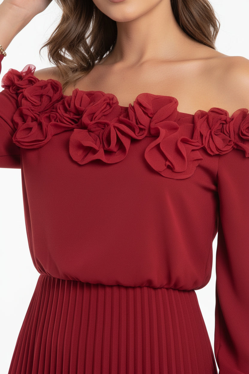 Robe longue rouge épaules dénudées avec volants et jupe plissée | ROBEMODE