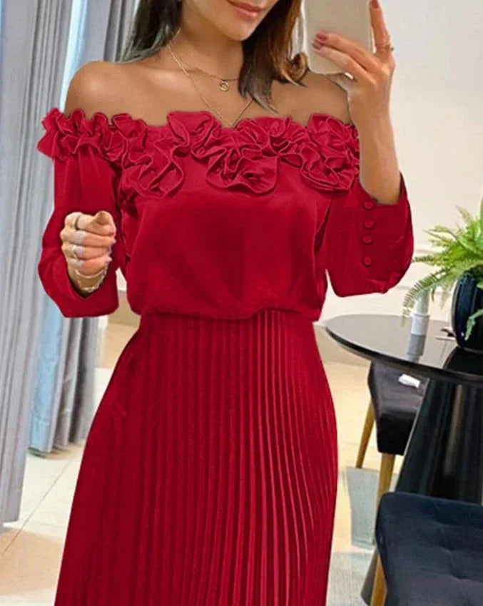 Robe longue rouge épaules dénudées avec volants et jupe plissée | ROBEMODE