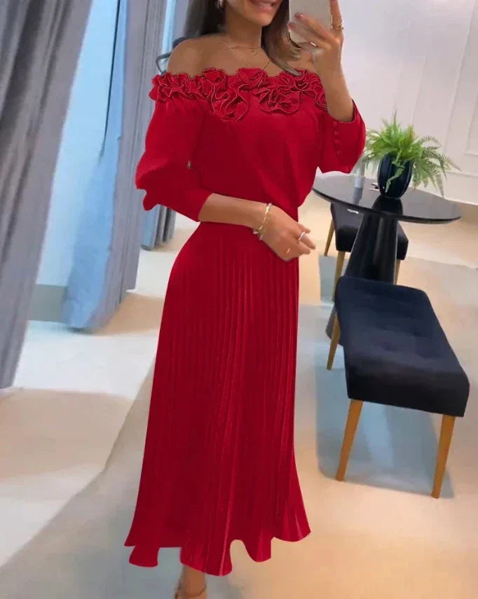 Robe longue rouge épaules dénudées avec volants et jupe plissée | ROBEMODE