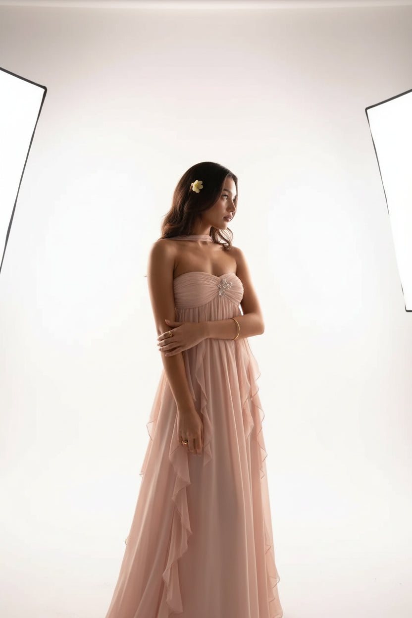 Robe Longue Sans Bretelles Détails Floraux Volants 2 Coloris | ROBEMODE