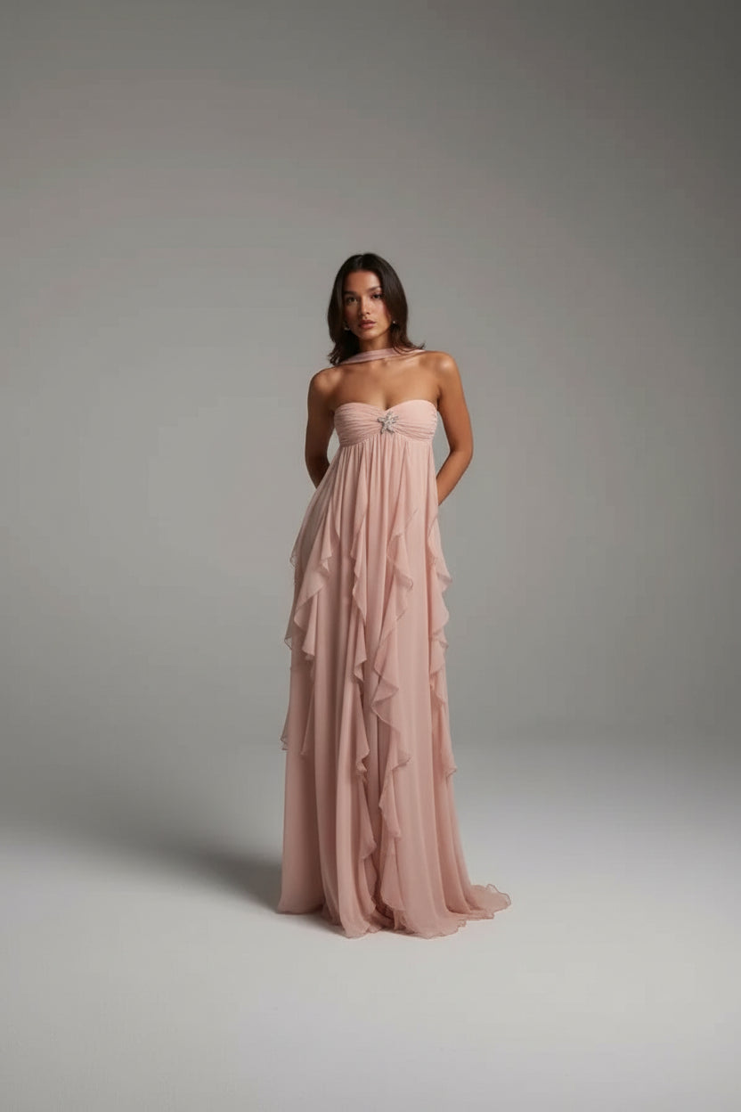 Robe Longue Sans Bretelles Détails Floraux Volants 2 Coloris | ROBEMODE
