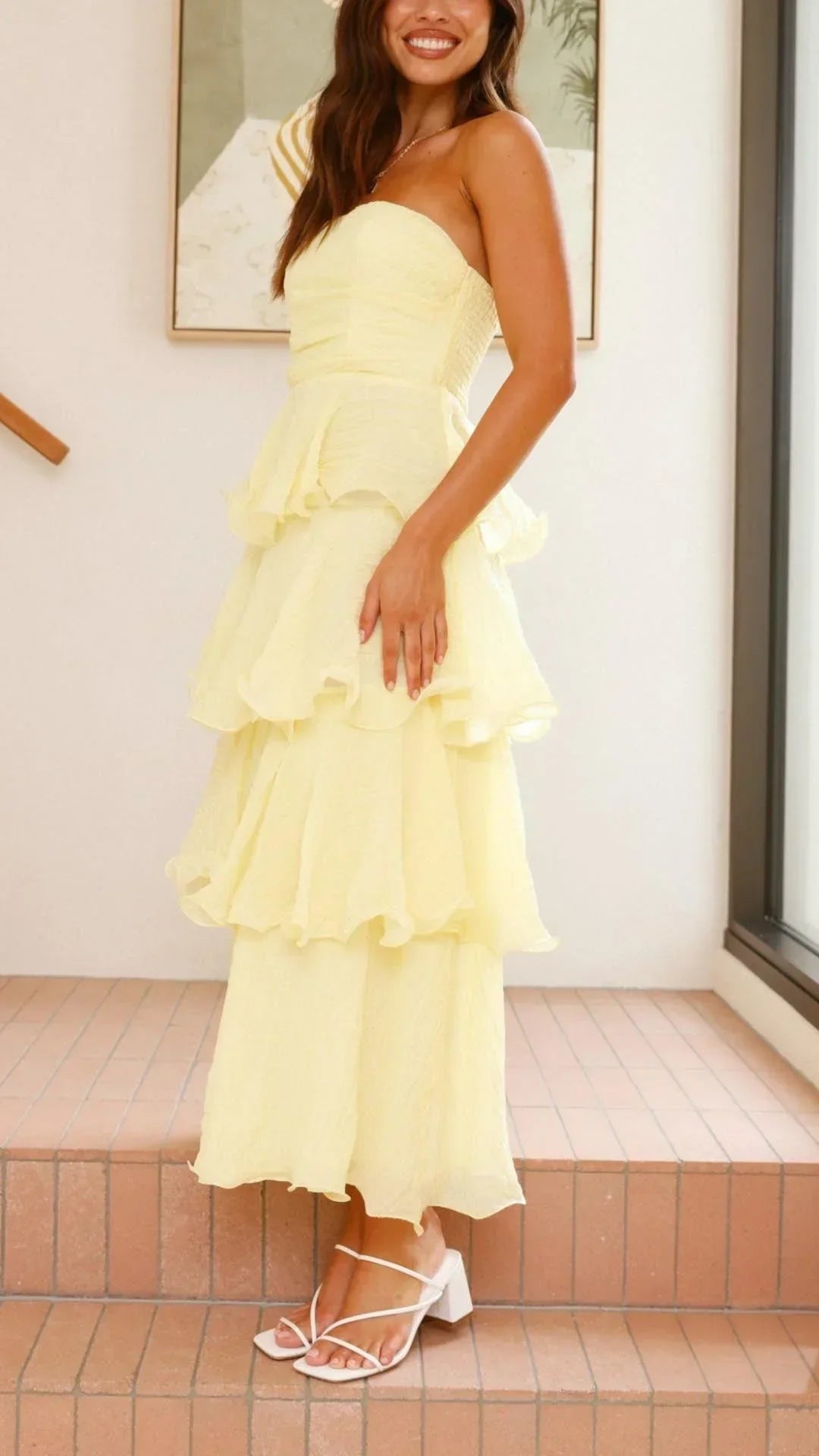 Robe longue femme sans bretelles avec volants élégants