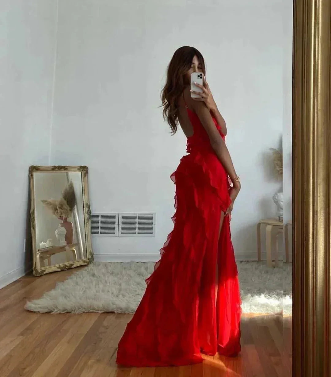 Robe longue soirée femme à volants bretelles fines | Coupe féminine + Style élégant + Facile à accessoiriser – ROBEMODE