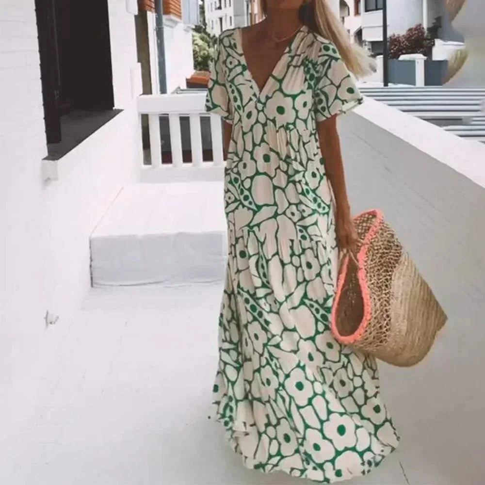 Robe Longue Été Femme Col V Manches Courtes Fleurie 4 Coloris | ROBEMODE
