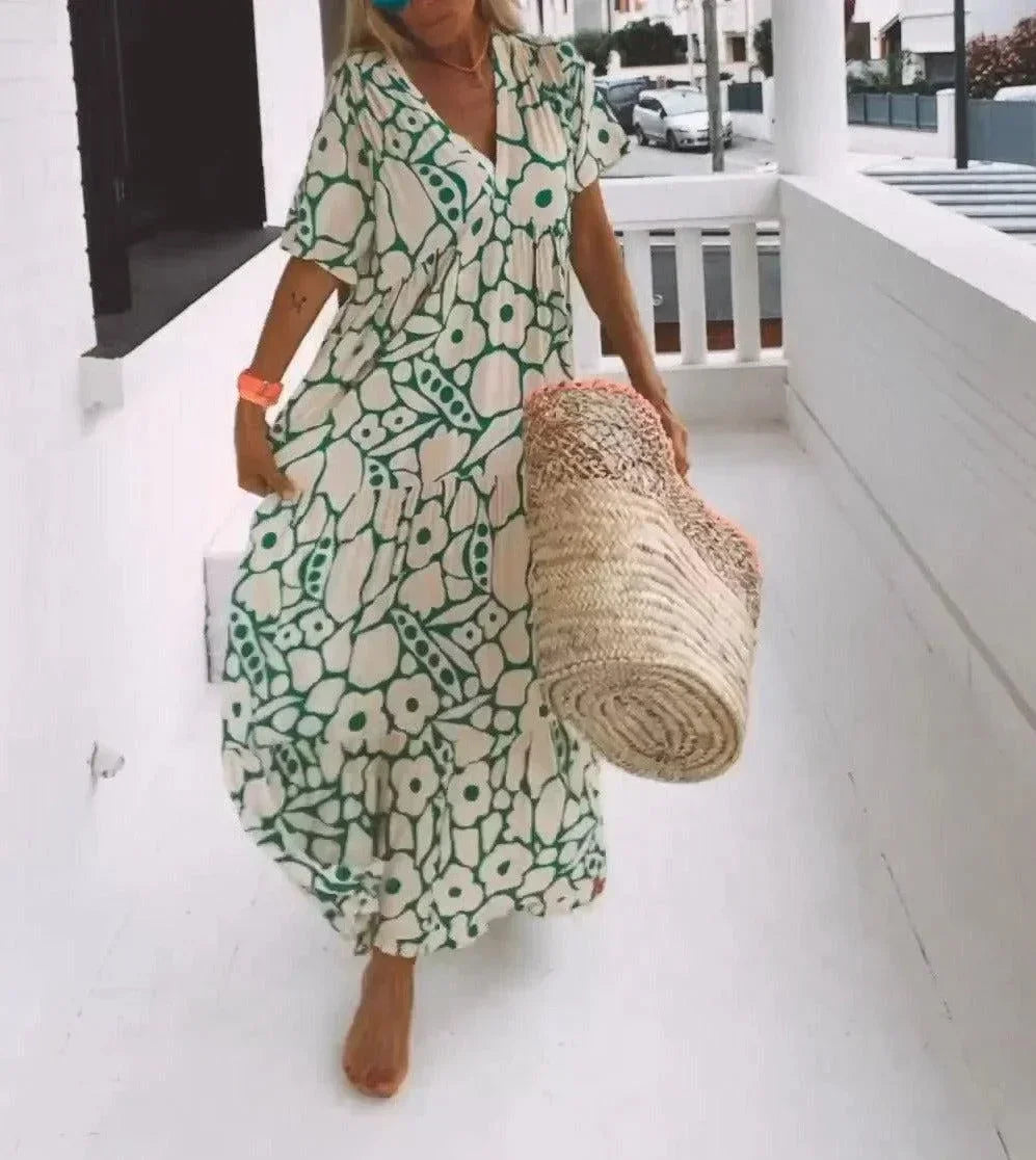 Robe Longue Été Femme Col V Manches Courtes Fleurie 4 Coloris | ROBEMODE