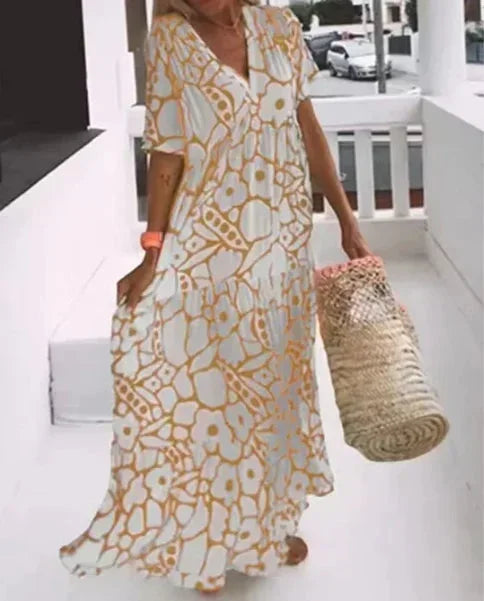 Robe Longue Été Femme Col V Manches Courtes Fleurie 4 Coloris | ROBEMODE
