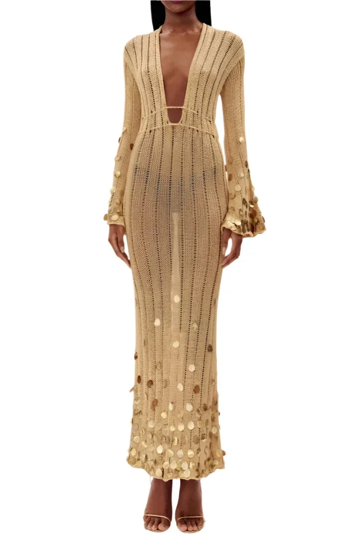 Robe longue femme dorée avec sequins et manches longues