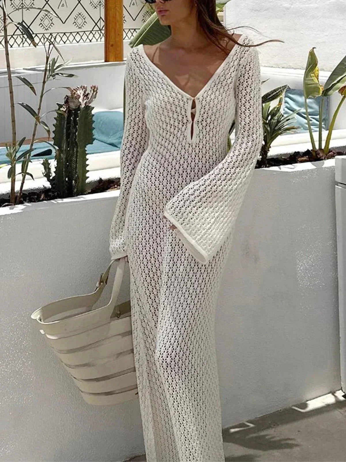 Robe longue femme crochetée manches longues ajourées | ROBEMODE