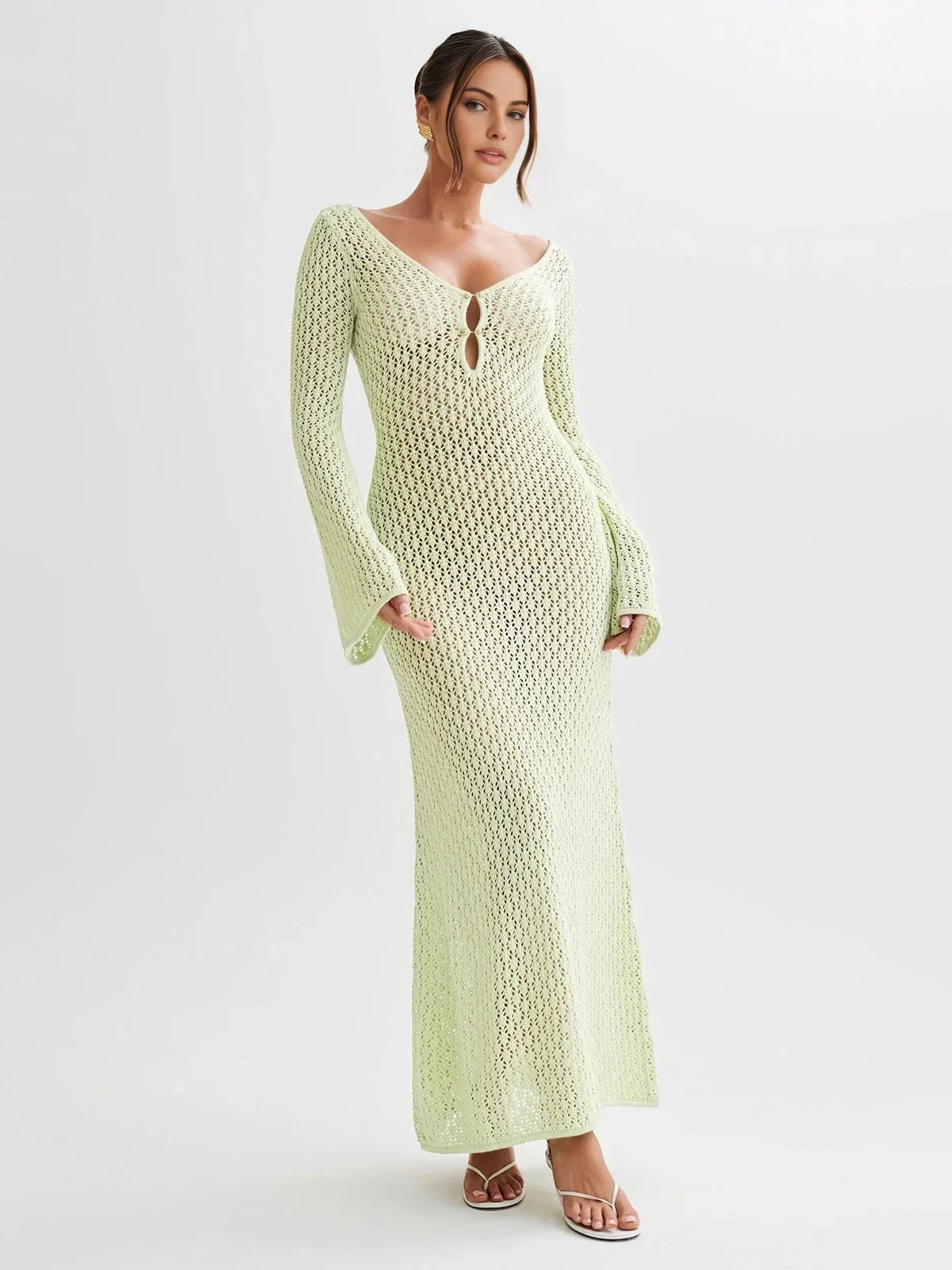 Robe longue femme crochetée manches longues ajourées | ROBEMODE