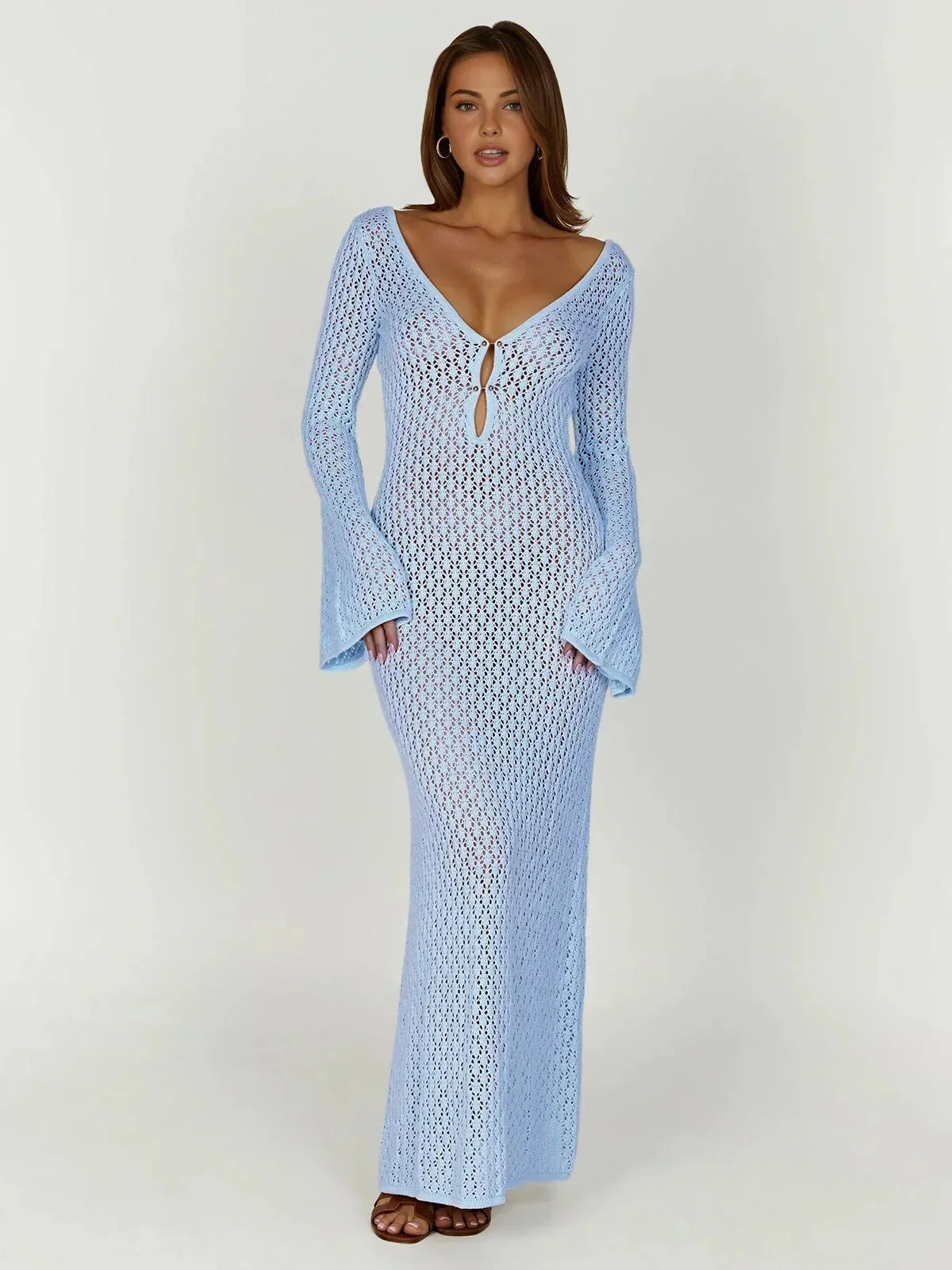 Robe longue femme crochetée manches longues ajourées | ROBEMODE