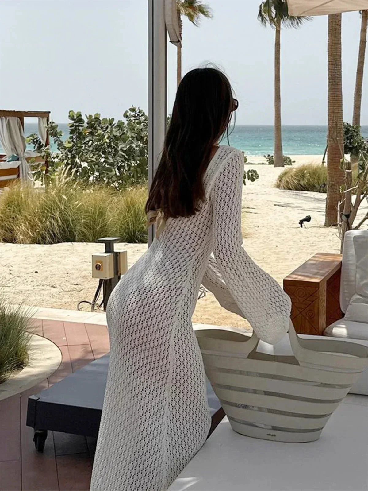 Robe longue femme crochetée manches longues ajourées | ROBEMODE
