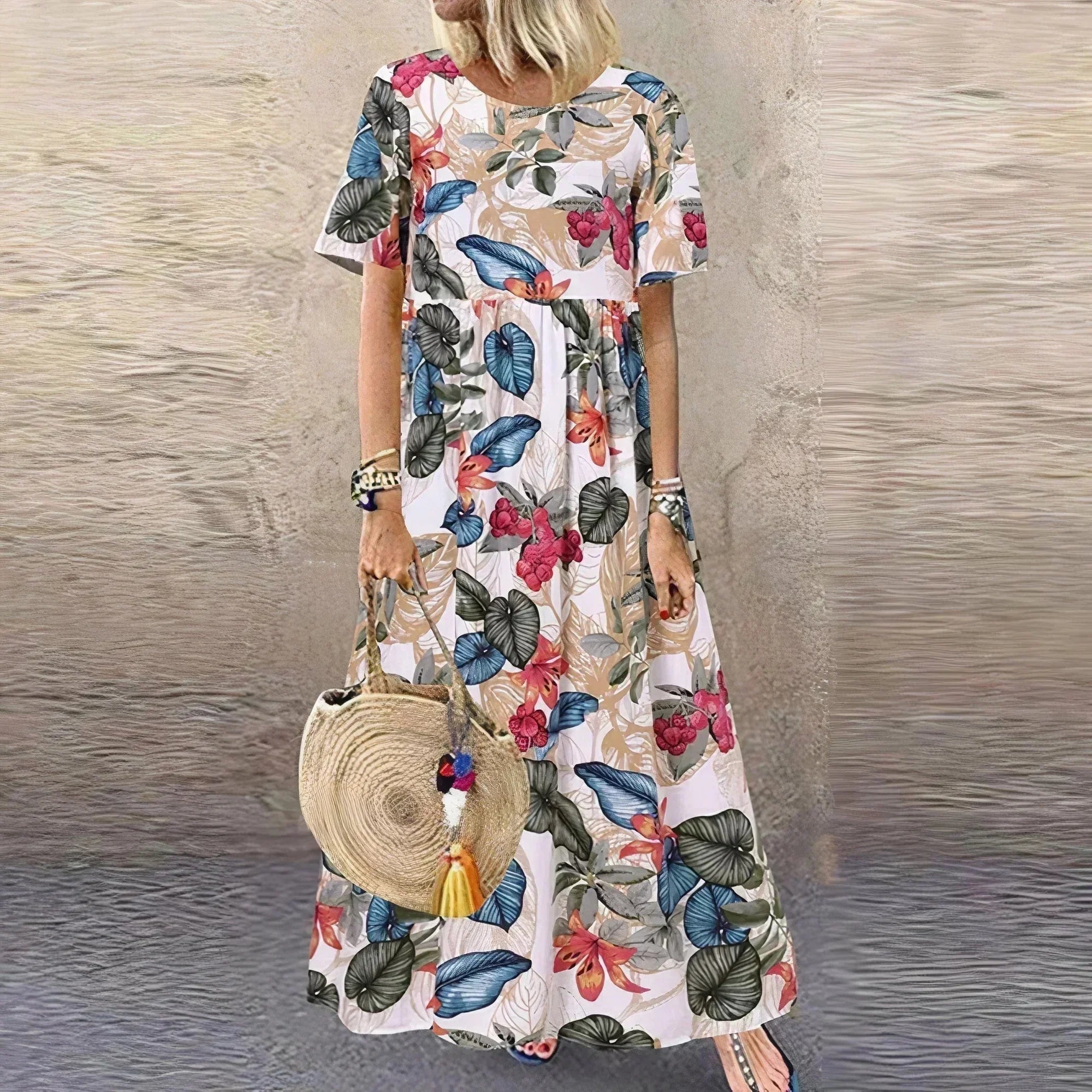 Robe Longue Femme Motif Botanique à Volants | Noir Vert Blanc Jaune + Manches Courtes | ROBEMODE