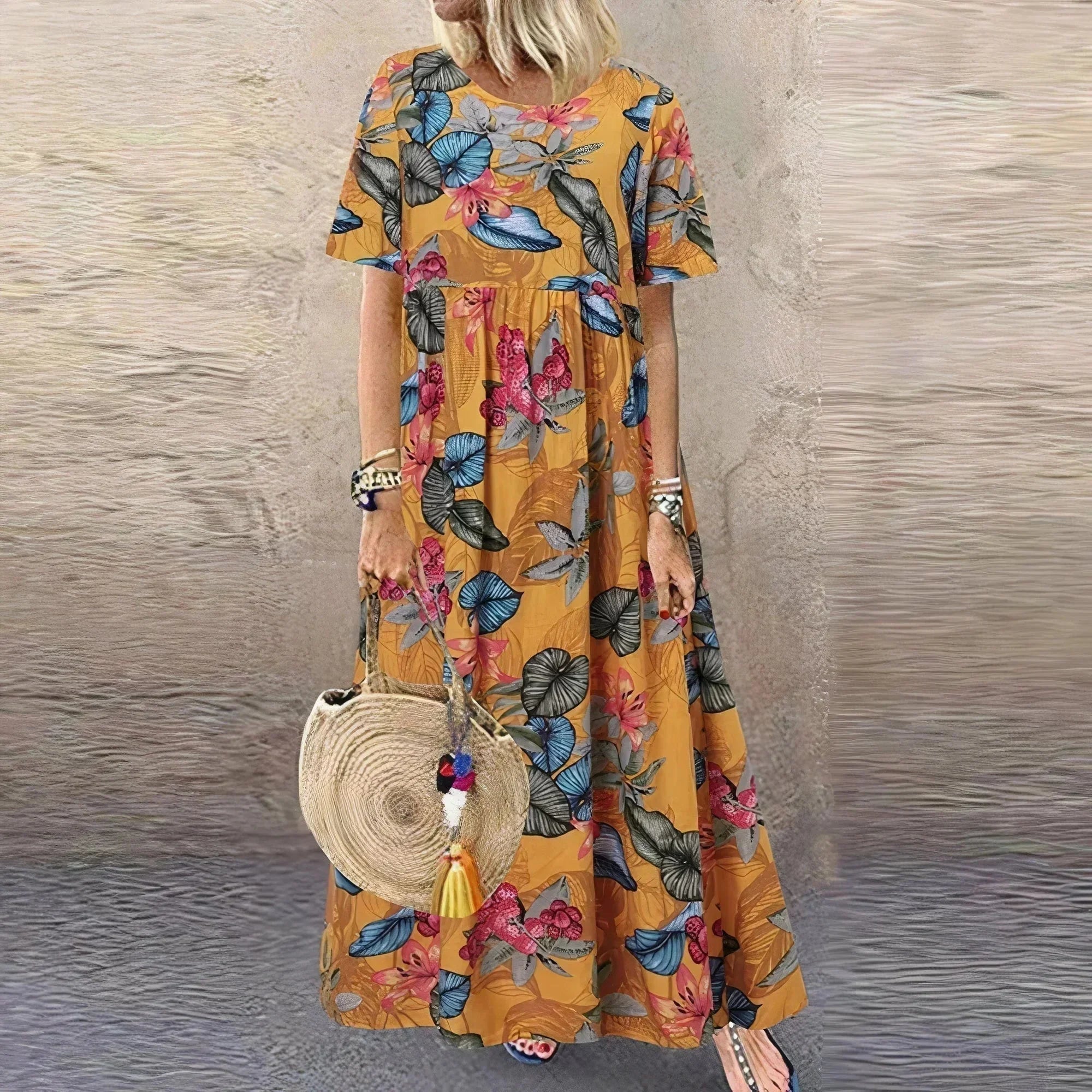Robe Longue Femme Motif Botanique à Volants | Noir Vert Blanc Jaune + Manches Courtes | ROBEMODE