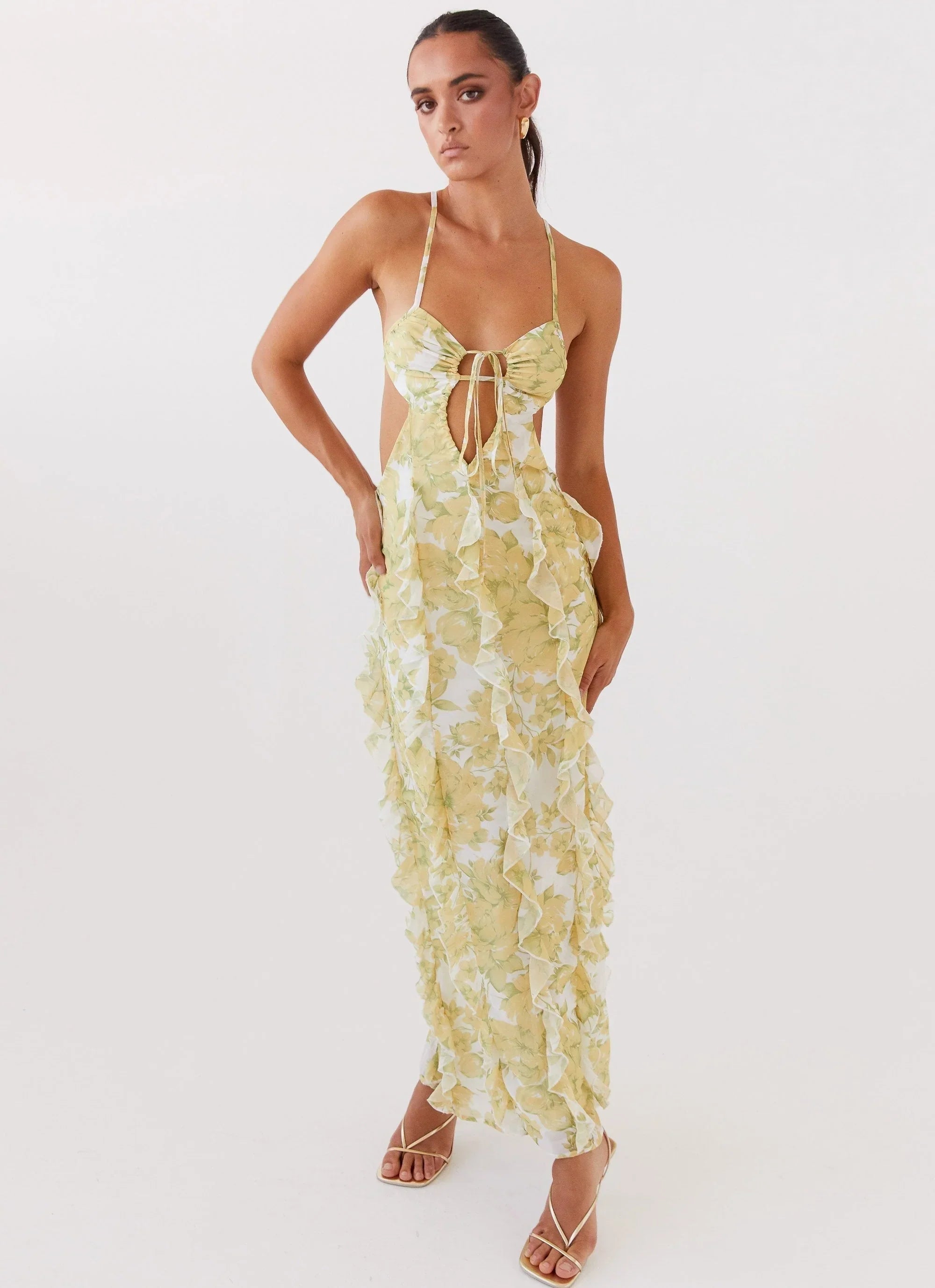 Robe longue à volants motif floral jaune | Coupe féminine + Style élégant + Facile à accessoiriser – ROBEMODE